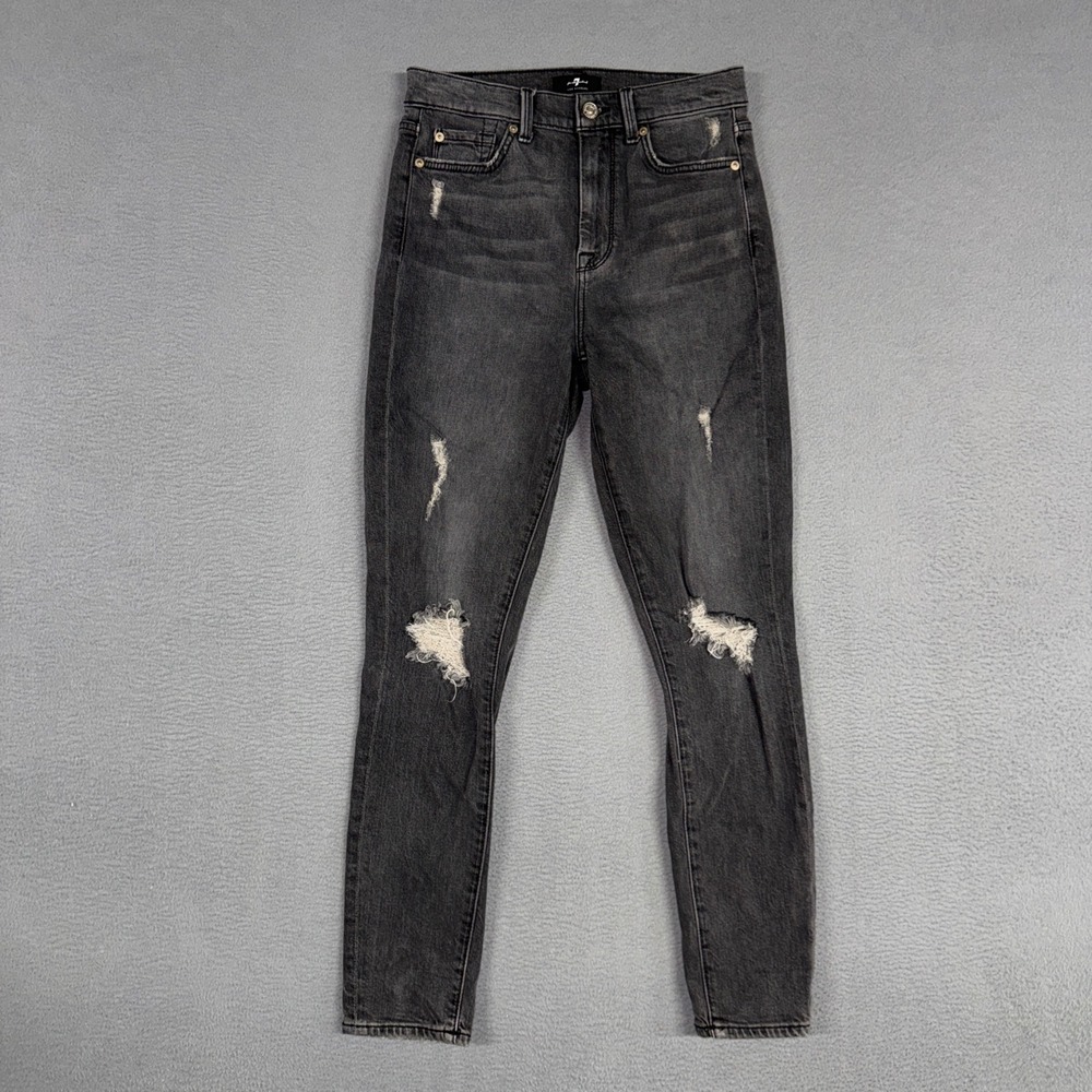 7 For All Mankind Jeans Womens 25 Black High Waist Ankle Skinny Distressed Denim